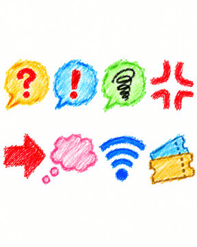 Childlike crayon icon sheet with question mark thought cloud and ticket