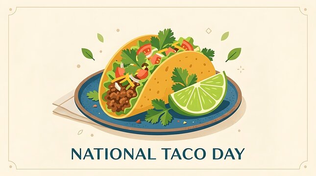 Taco with a large lime wedge and fresh cilantro leaves, minimal National Taco Day text, elegant flat vector artwork