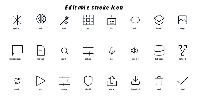 Generative intelligence icon set featuring brain, cpu, wand, bot, code, image, search, database, network and shield