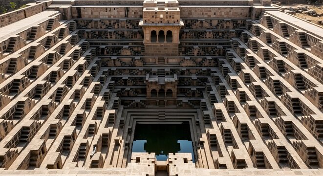 Ancient stepwell architecture showcasing intricate stone carvings and water reservoir in historic indian heritage site