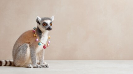 Fototapeta premium Lemur holding glittery ornaments on neutral background - festive animal theme