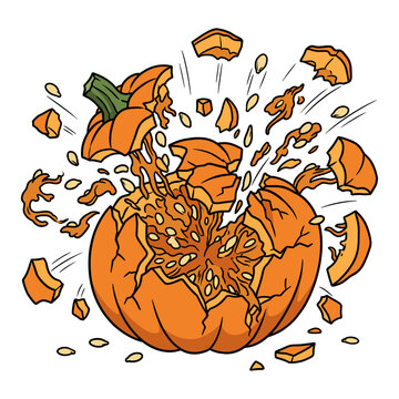 Exploding Pumpkin Illustration, Halloween Cartoon Pumpkin Bursting with Seeds