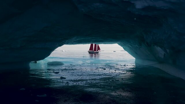 Aerial view of a red-sailed ship framed by a natural ice arch in the arctic waters of Greenland.