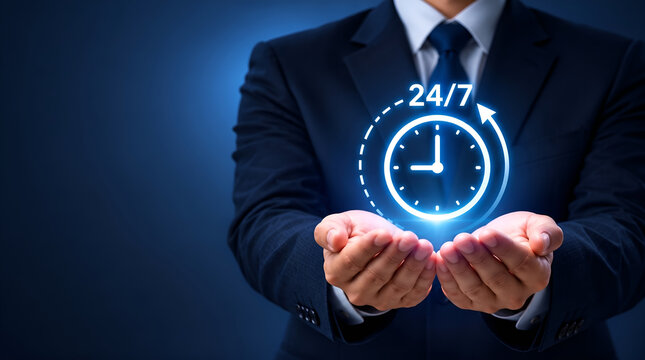 Businessman holding a glowing 24/7 clock icon in his hands representing around the clock customer service, availability, support, and business time management concept