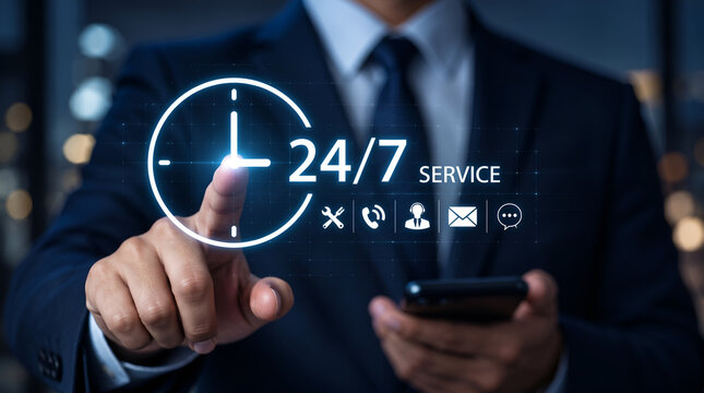 Businessman touching a virtual 24 7 service clock icon with support symbols, representing round the clock customer assistance, constant availability, and business communication