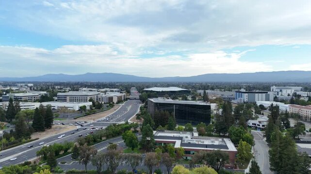 Santa Clara, California / USA - September 24 2026: Aerial drone footage flying toward the NVIDIA headquarters in Santa Clara, California, showing the corporate campus and surrounding Silicon Valley ar
