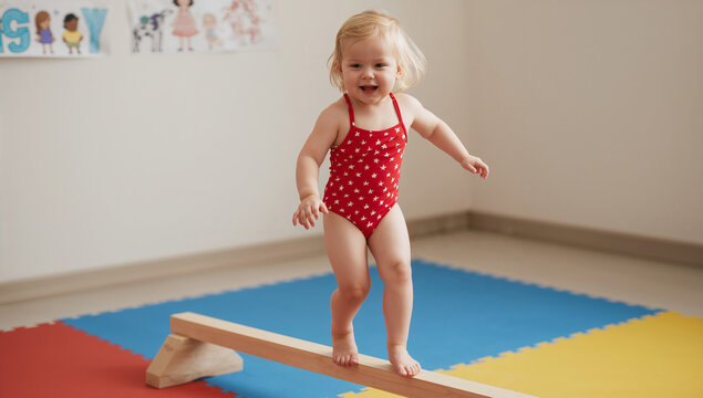 Cute little toddler girl balancing on a wooden beam in a playroom