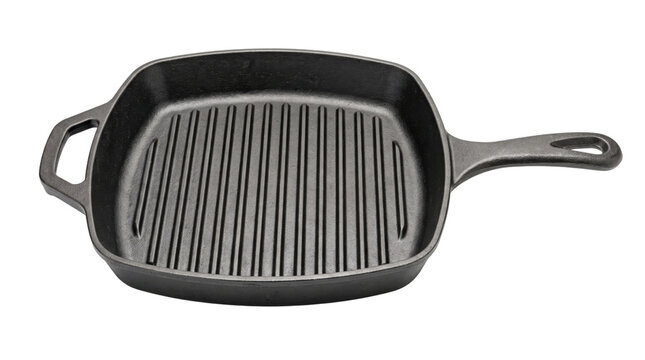 Cast iron grill pan with ribbed surface, heavy duty black metal skillet for stovetop searing, professional square griddle cookware isolated on white