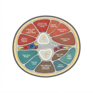 The muscle groups of the forearm, focusing on compartments and their roles in sports injuries.