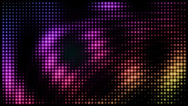 Retro halftone led screen background, vibrant purple and gold dotted light pattern, digital pixelated motion graphic for music events and clubs