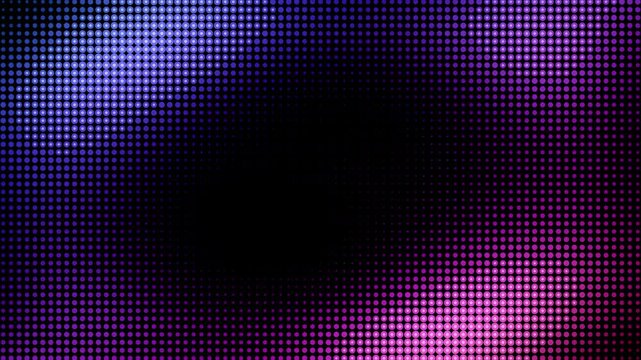 Abstract LED screen texture with purple glowing lights, pixelated digital display background, vibrant electronic halftone grid loop