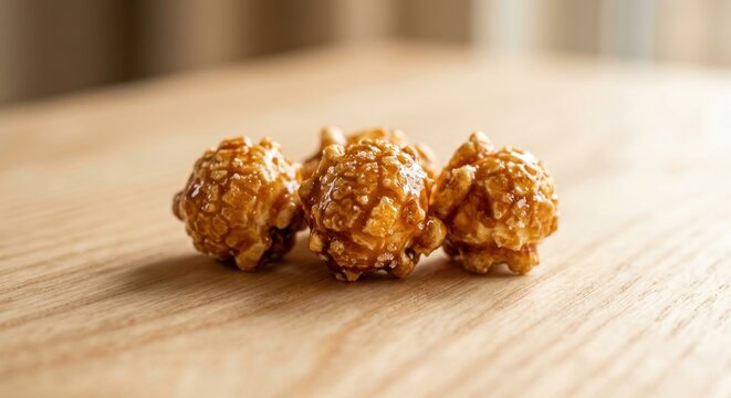 Close up of gourmet golden caramel popcorn kernels with sweet sugar glaze resting on a light brown wooden table surface with soft blurred background for food and snack concepts