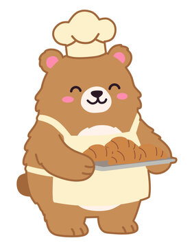Cute Bear Pastry Chef Holding Baking Tray with Fresh Croissants Vector Illustration