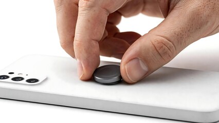 Fototapeta premium Close Up of Hand Adjusting Circular Accessory on Back of White Phone