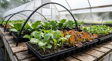 Obraz premium Fresh organic seedlings in black trays growing in commercial greenhouse with mist irrigation. Young vegetable plants on wooden benches at farm nursery.