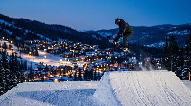 Snowboarder performs aerial trick at dusk over a illuminated ski resort village with snow covered mountains in the background