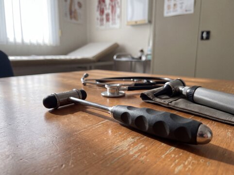 Close up of medical diagnostic tools including reflex hammer and stethoscope on a wooden table in a doctor examination room office