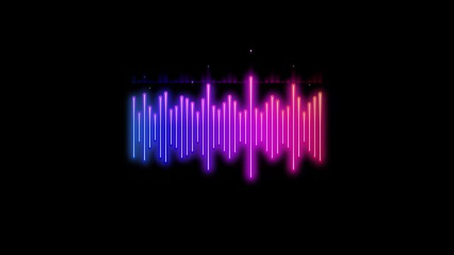 Neon digital audio spectrum visualizer, glowing pink and blue music equalizer bars, futuristic sound wave frequency display on black background