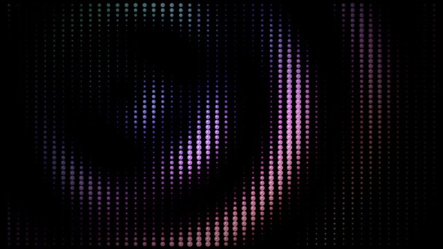Abstract digital halftone pattern with glowing purple dots, futuristic led screen effect, dark violet electronic grid background for music visuals