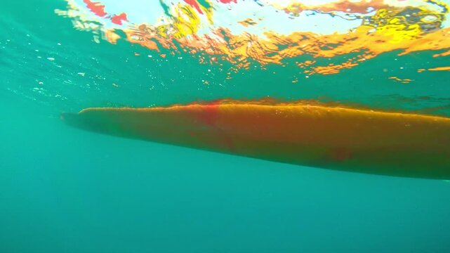 A couple paddles through calm waves in clear blue waters, their synchronized movements and shared excitement evident in a dynamic split view.