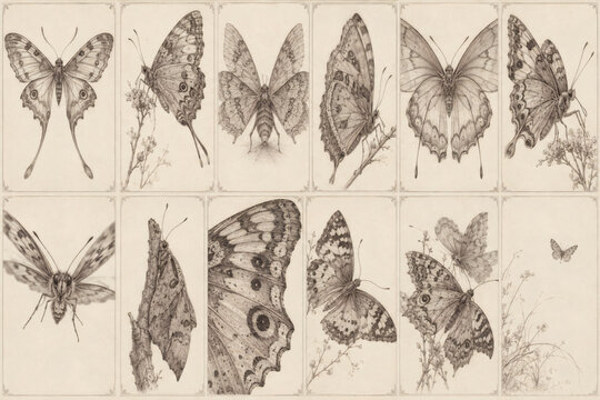Antique butterfly and moth specimen card collection in engraved vintage style, elegant entomology artwork on warm ivory paper, detailed natural history illustrations for stationery and decor