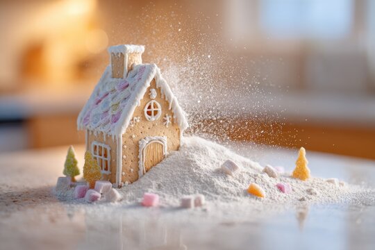 Festive gingerbread house and falling icing sugar with christmas decorations