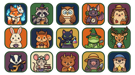 Obraz premium Cute Autumn Woodland Animals Magic Forest Halloween RPG Game App Icons Vector Set