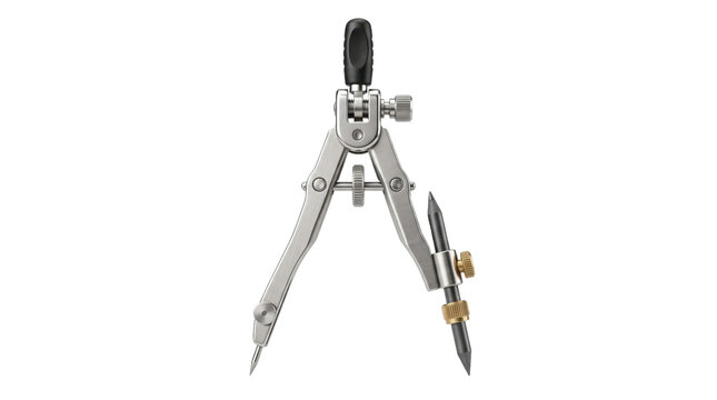 Professional metal drawing compass with graphite lead, precision drafting tool for geometry and architecture, technical drawing instrument on white background