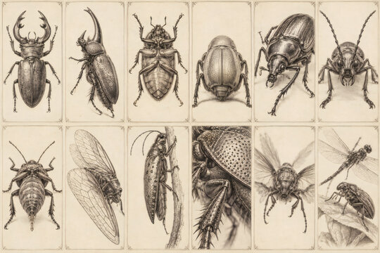 Vintage entomological specimen card collection with beetles, scarabs, cicadas and dragonflies in antique scientific engraving style, detailed insect anatomy, ivory paper and varied perspectives