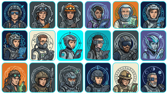Futuristic Sci-Fi Astronaut And Cyberpunk Space Explorer Character Avatar Icon Badge Collection