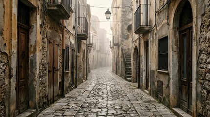 Obraz premium Empty narrow cobblestone street in old European town with historic buildings.