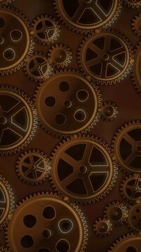 Interlocking Metal Gears Rotating Clockwork Mechanism Background Seamless Loop in calm copper tones vertical 9:16