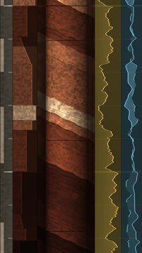 Geological drill core scrolling upward beside grain size and gamma ray wireline logs with lithology column in subtle redbed tones vertical 9:16