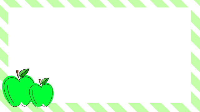 Green white diagonal stripe background decorated with two green apples on the corner with blank copy space in the center.  Apples frame background. Decorative apples border design.