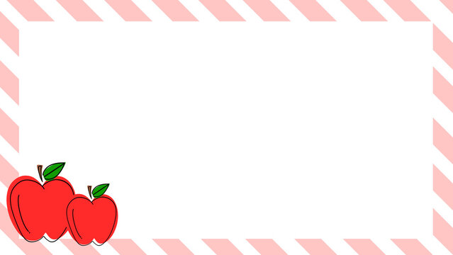 Pink white diagonal stripe background decorated with two red apples on the corner with blank copy space in the center. Red apples frame background. Decorative apples border design.