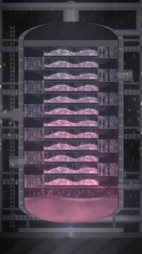 Distillation column cutaway with sieve trays, bubbling froth layers and downcomer liquid cascade, seamless loop in calm plum tones vertical 9:16