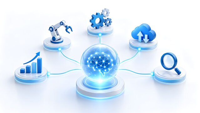 Central glowing brain inside glass sphere connecting to industrial automation cloud computing data analytics and mechanical gear digital network icons