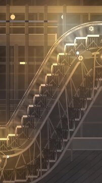 Escalator truss cutaway showing step chain, comb plate transition and returning steps on the underside loop in deep steel tones vertical 9:16
