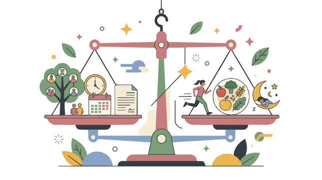 Work life balance concept illustration showing scale balancing career and healthy lifestyle. EPS Editable. Vector Illustrations.