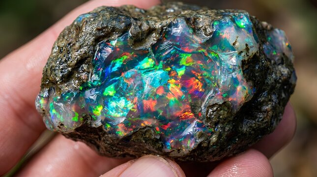 Raw uncut opal gemstone with iridescent rainbow color play.