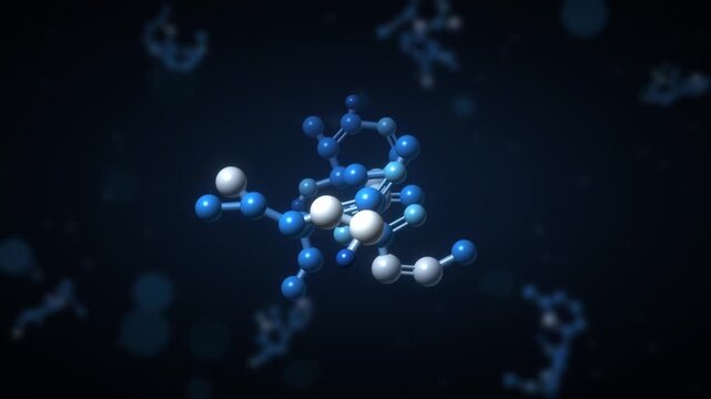 Rotating 3D molecule ball and stick model chemistry and pharmaceutical science background seamless loop in cool cyan tones