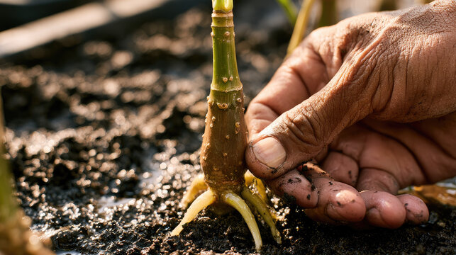 Mangrove seedling root macro photograph showing weathered hand steadying young plant in wet coastal mud, with glistening roots, bark texture, water droplets, and dark estuarine soil