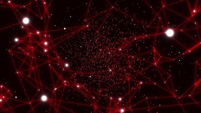白い光点を結ぶ明瞭な赤い線が暗い空間に広がる立体ネットワークと中央に浮かぶ赤い粒子