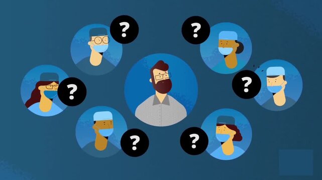 Animated medical professionals surrounding confused man with question marks in modern vector cartoon video footage