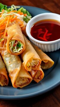 Crispy Spring Rolls with Dipping Sauce: Golden brown spring rolls, filled with fresh vegetables, are served alongside a vibrant dipping sauce and a side salad.