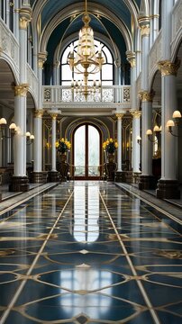 Grand Hallway Elegance: An opulent and majestic grand hallway featuring a polished marble floor reflecting a magnificent chandelier and arched windows.