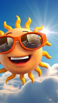 Smiling Sun Character: A cheerful cartoon sun with sunglasses radiates warmth and happiness, set against a backdrop of fluffy white clouds and a bright blue sky.