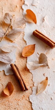 Autumn leaves and cinnamon sticks on textured background for seasonal cooking concepts