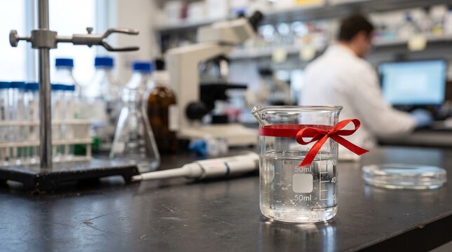 Laboratory beaker with red ribbon symbolizing World AIDS Day research and awareness in a scientific setting