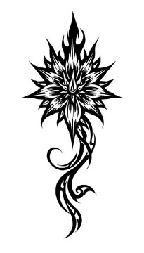 Tribal black flower tattoo design with flames